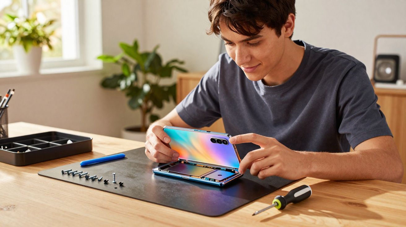 Jovem desmonta smartphone dobrável numa mesa organizada com parafusos e ferramentas.