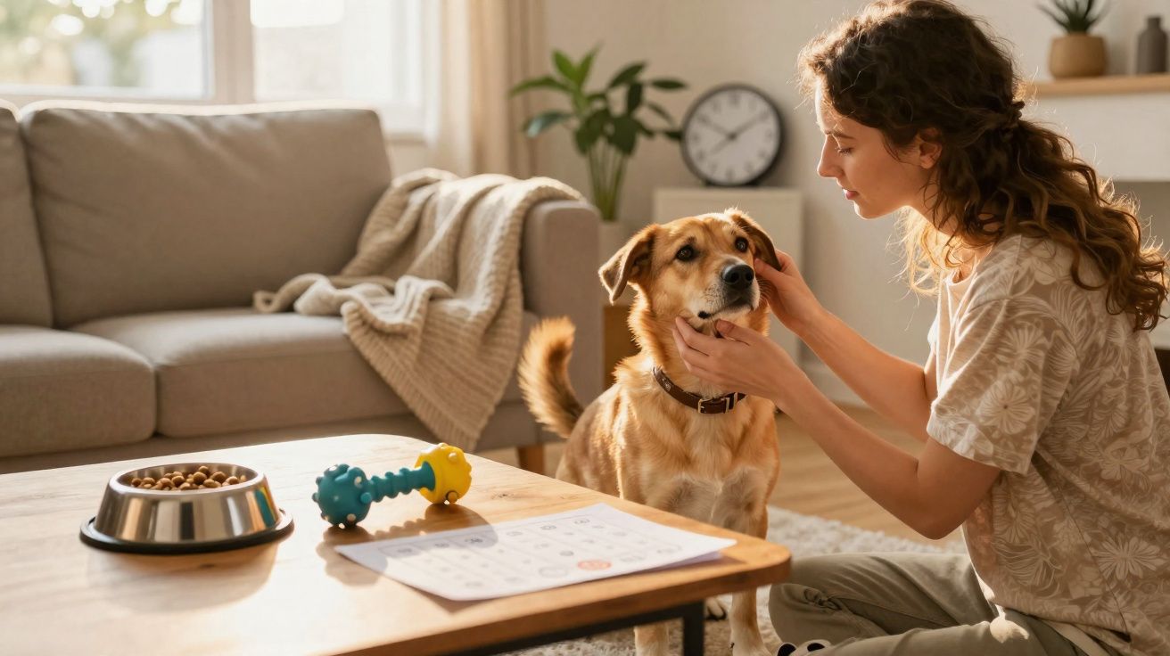 Mulher acaricia um cão castanho na sala com sofá, brinquedo, comida e relógio ao fundo.