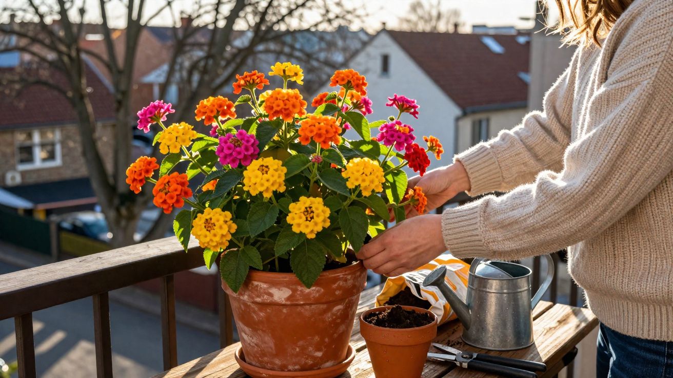 Pessoa a cuidar de vaso com flores coloridas numa varanda ensolarada, com ferramentas de jardinagem ao lado.