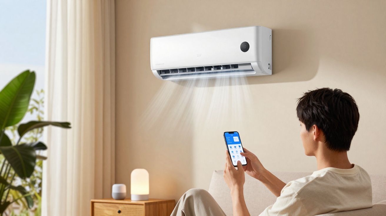 Homem controla ar condicionado de parede com smartphone numa sala moderna e luminosa.
