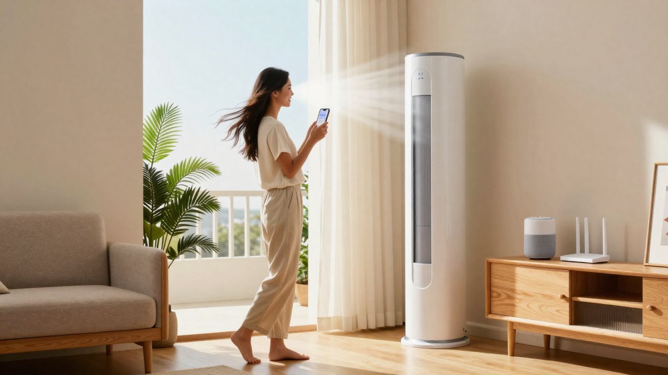 Mulher controla ar condicionado vertical inteligente numa sala moderna e luminosa com smartphone.