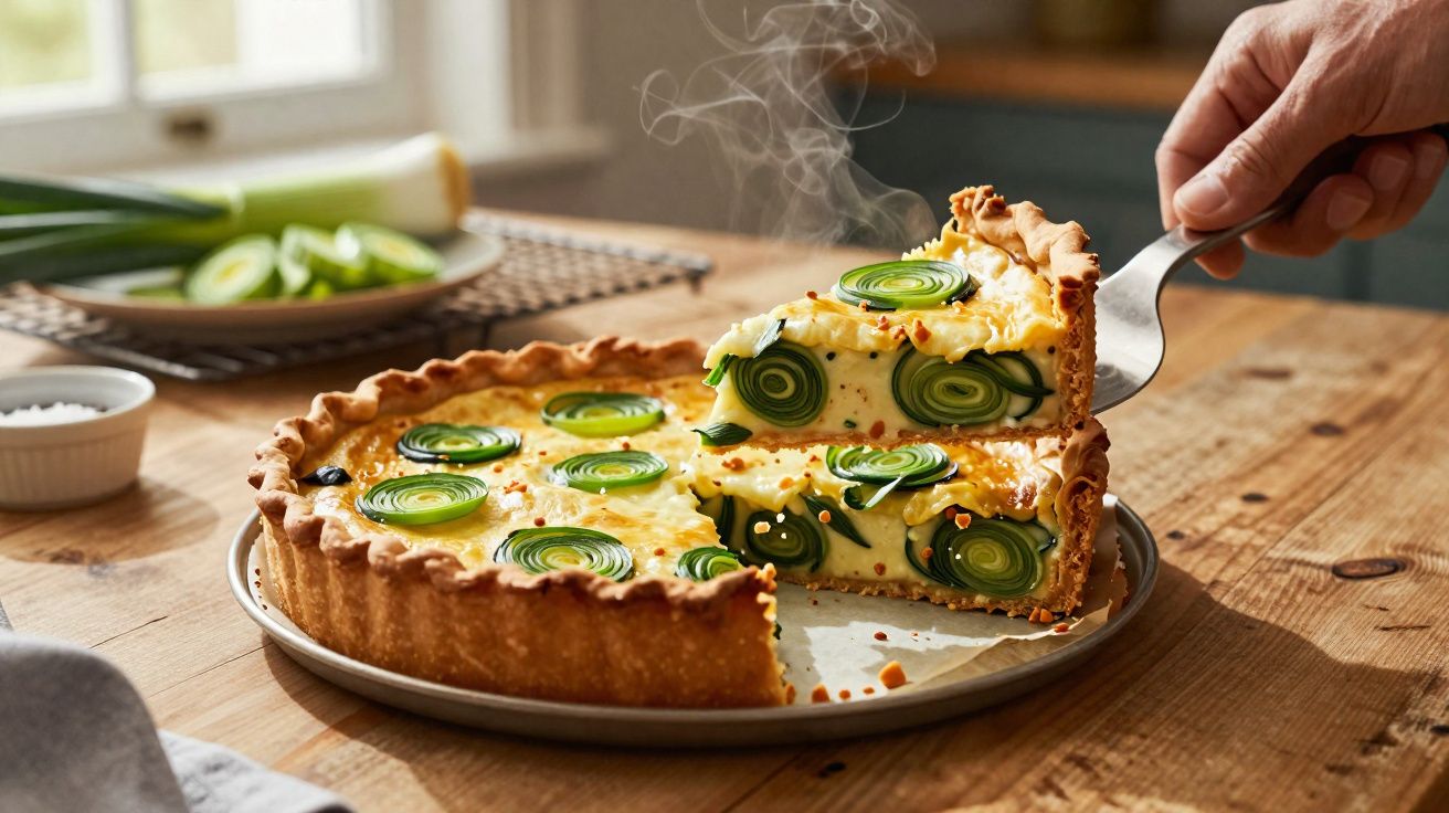 Tarte quente com fatias de legumes verdes enrolados servida numa mesa de madeira clara.