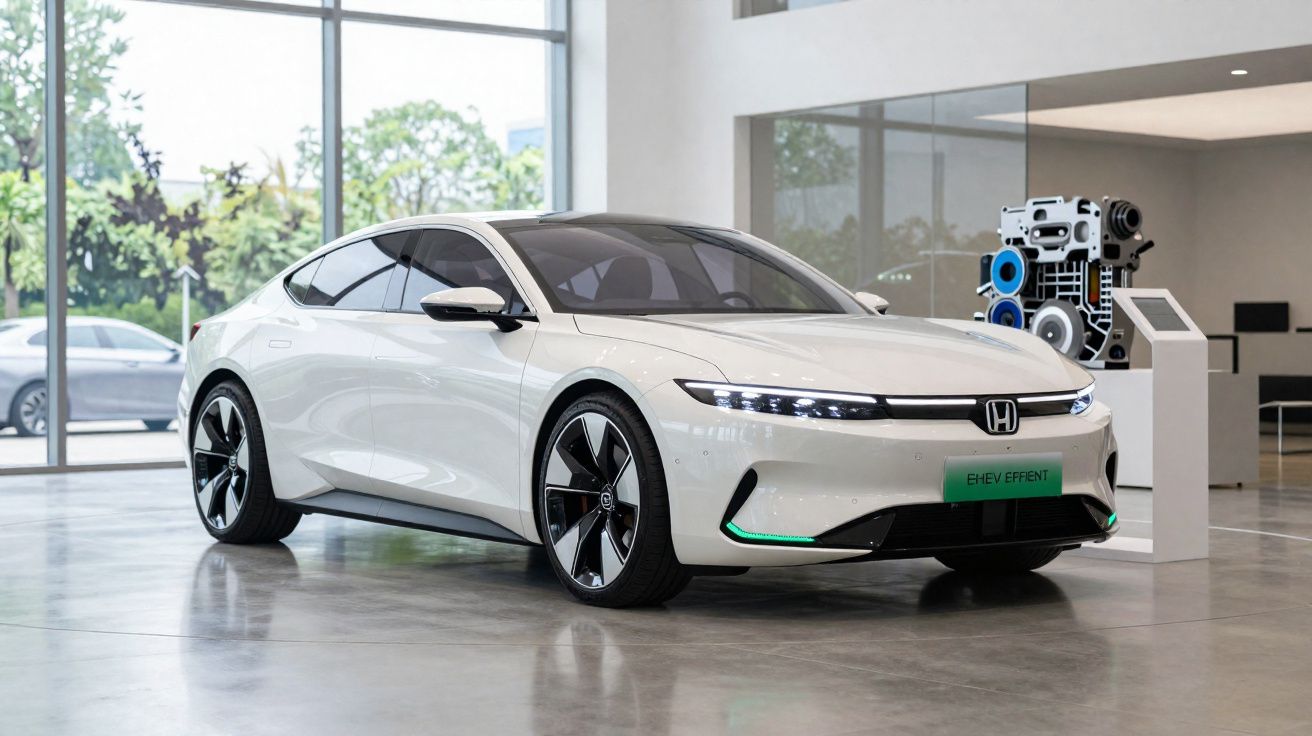 Carro elétrico branco Honda E:HEV Efficiency estacionado em exposição moderna com motor exposto ao fundo.