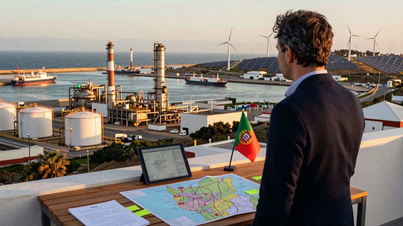 Homem de costas observa porto industrial com turbinas e painéis solares, junto a mesa com mapa e tablet.