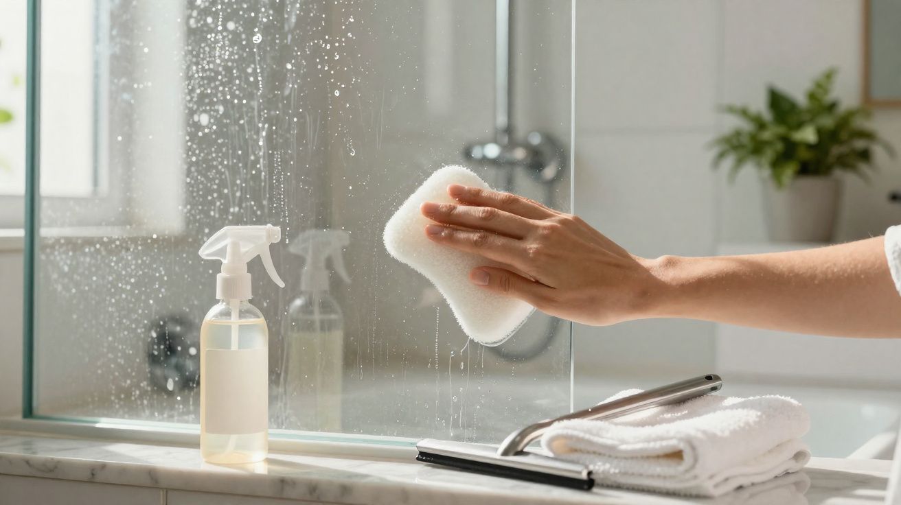 Mão limpa vidro de casa de banho com esponja, ao lado estão produtos de limpeza e toalha branca.