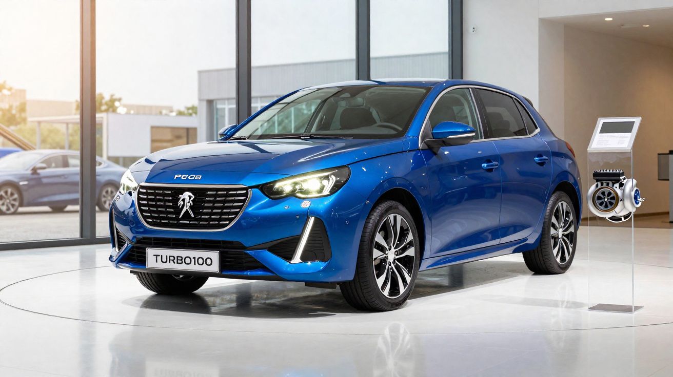 Carro compacto azul Peugeot 100 elétrico em exposição em showroom moderno com chão brilhante.