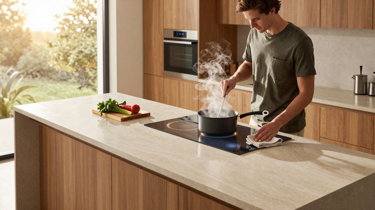 Homem a cozinhar numa cozinha moderna com bancada e fogão de indução, junto a uma janela grande.