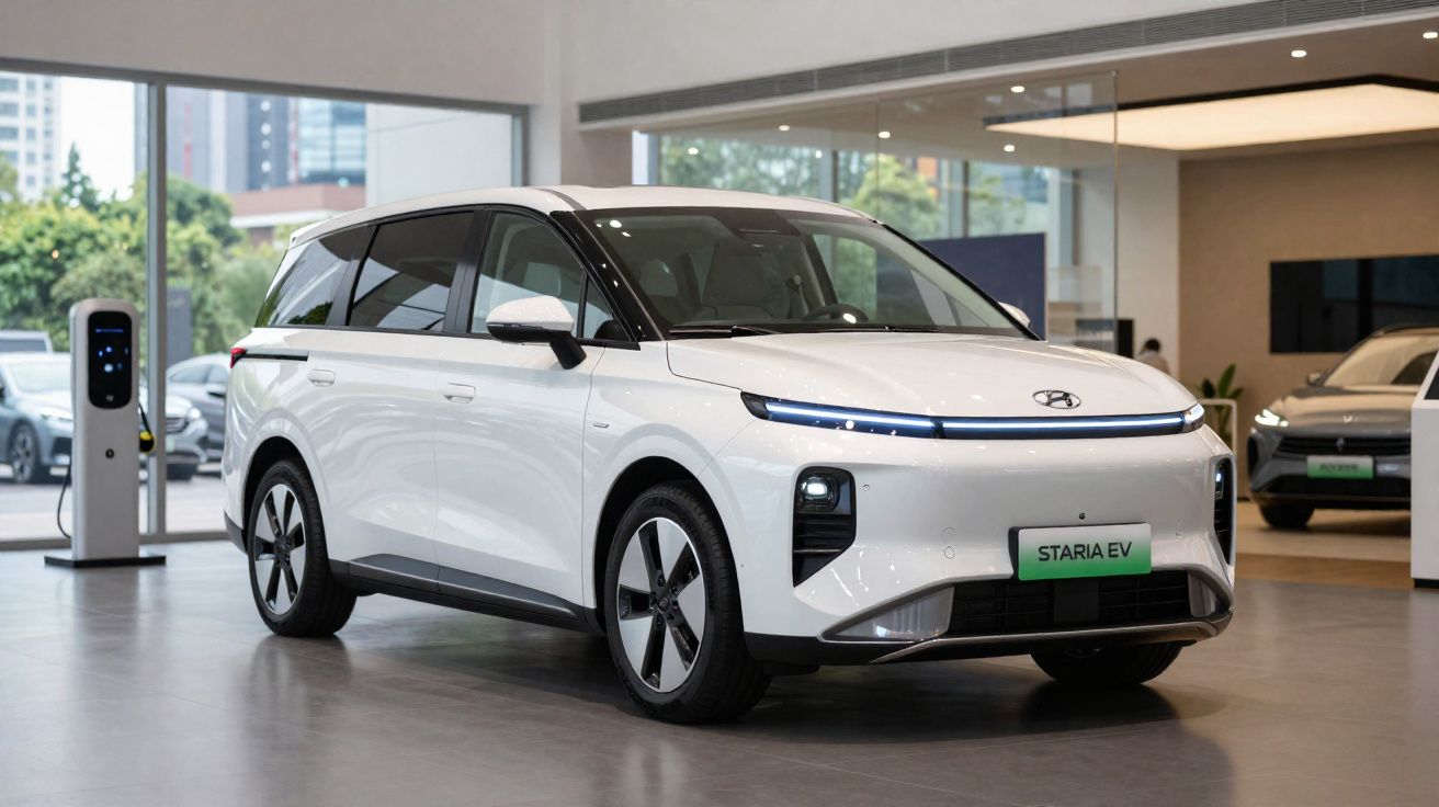 Veículo elétrico Hyundai Staria EV branco, estacionado num showroom moderno, com vidro ao fundo.