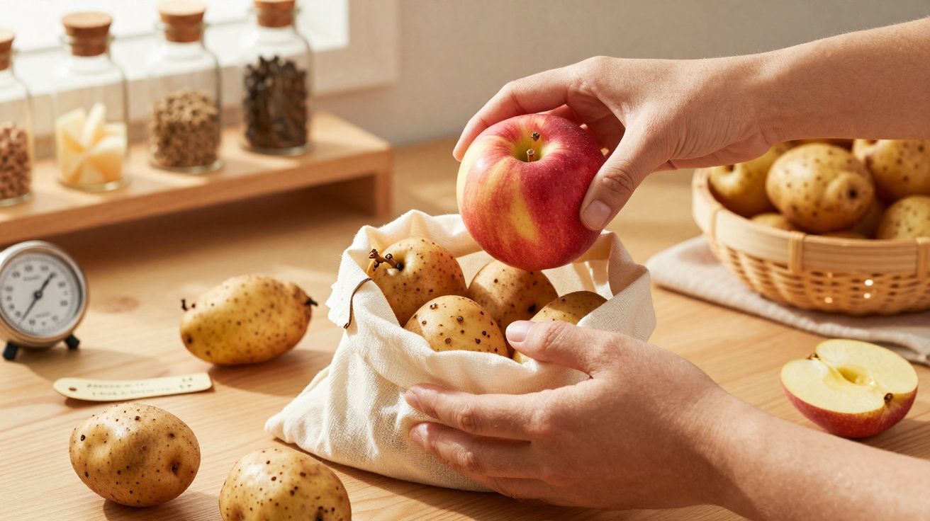Mãos a colocar uma maçã vermelha numa bolsa de tecido com várias batatas numa cozinha iluminada.