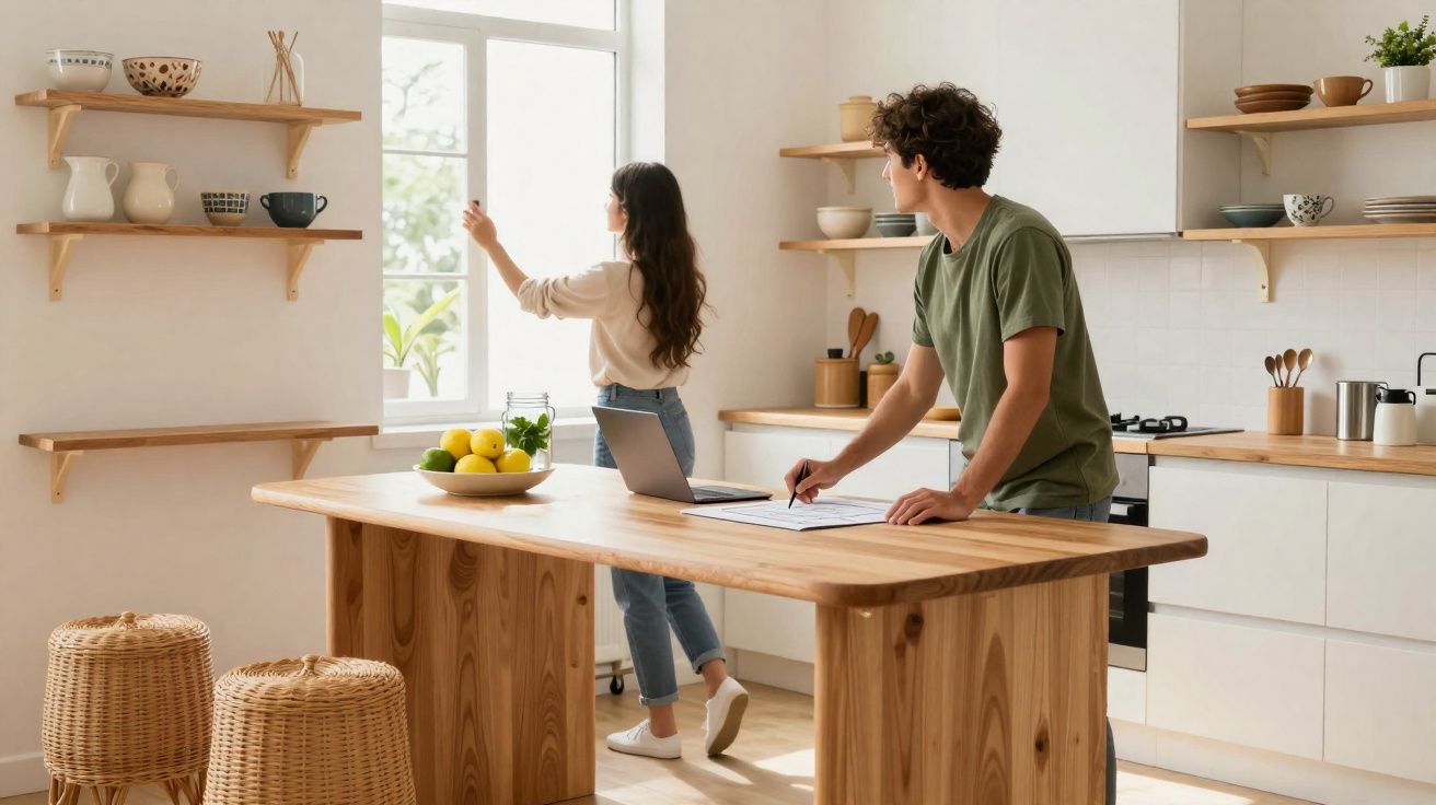 Casal jovem numa cozinha moderna, ele escreve e ela abre a janela para entrar luz natural.