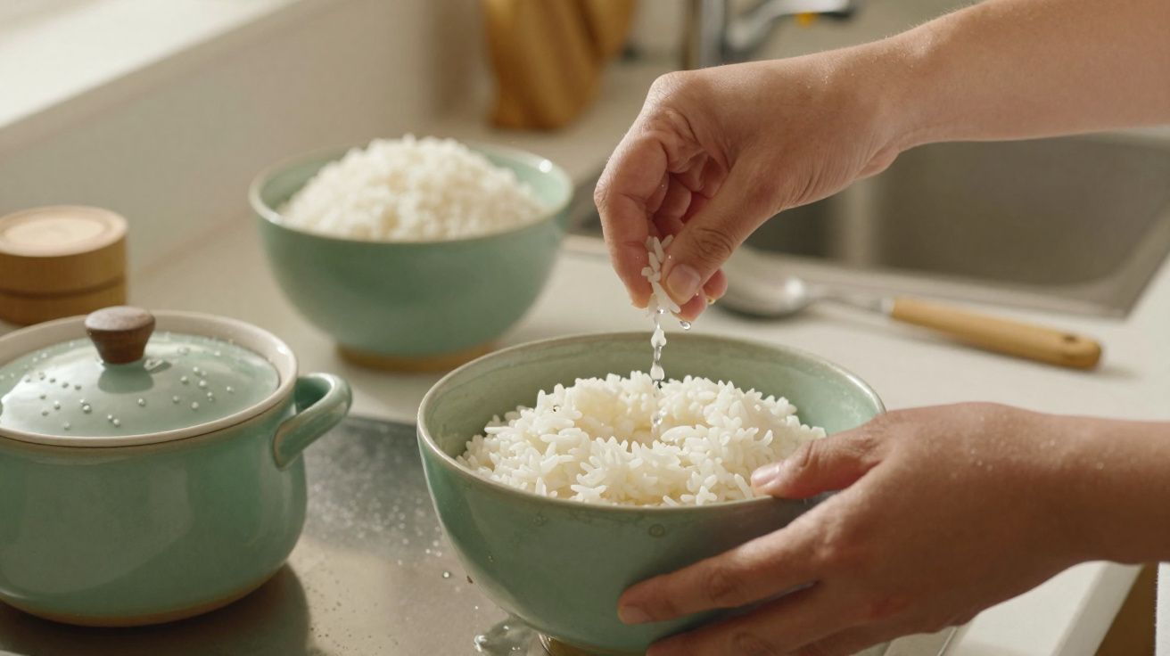 Mãos a apalpar arroz cozido numa tigela verde numa cozinha com panela e outra tigela ao fundo.