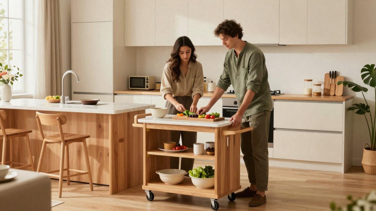 Casal a preparar legumes numa cozinha moderna com ilha central e carrinho de madeira.