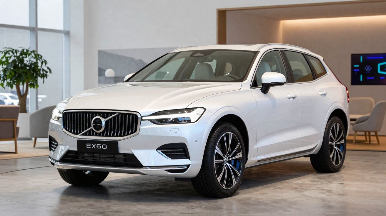 Carro Volvo EX60 branco estacionado em interior moderno com janelas grandes e decoração minimalista.