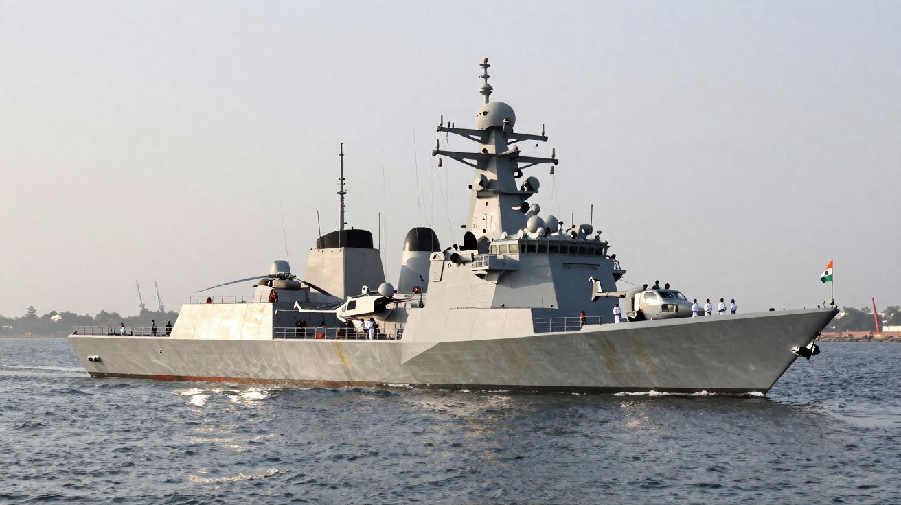 Navio de guerra cinzento com tripulação, navegando em águas calmas ao largo da costa.