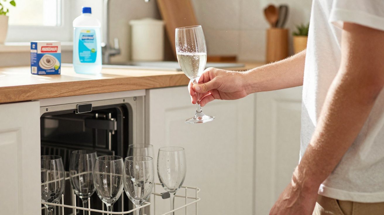 Pessoa a segurar taça de champanhe ao retirar copos limpos de máquina de lavar louça na cozinha.