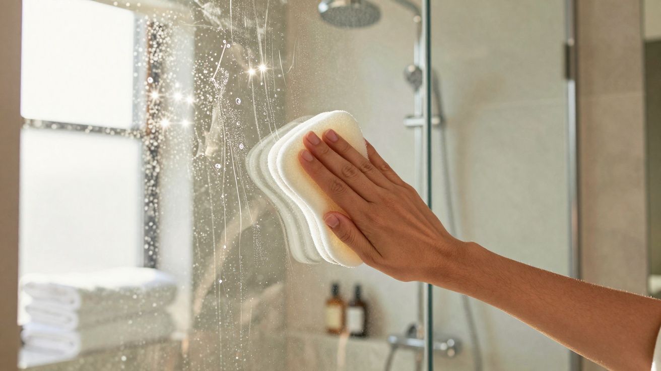 Mão a limpar vidro da cabine de duche com esponja branca num banheiro moderno e iluminado.