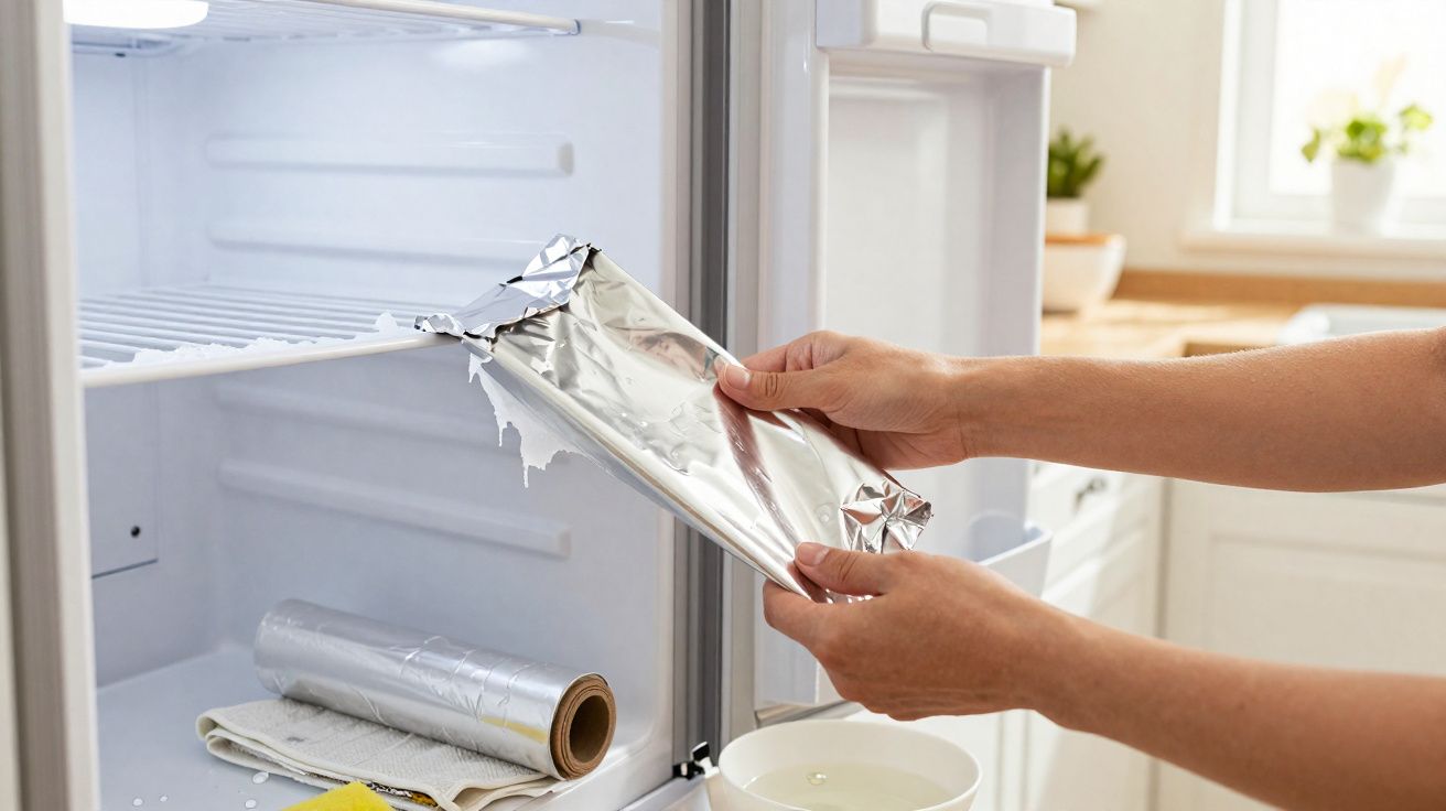 Mãos a colocar papel de alumínio no interior de um frigorífico vazio numa cozinha iluminada.