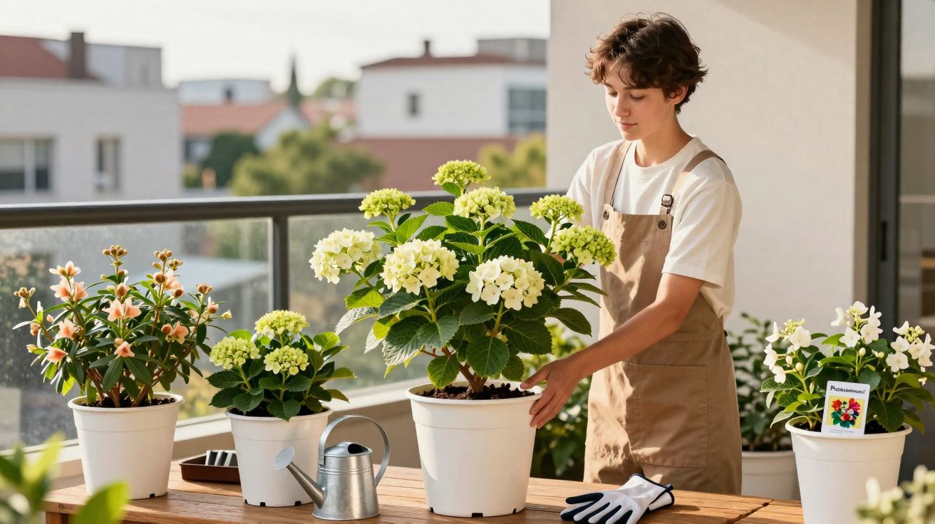 Pessoa a cuidar de vasos com plantas floridas numa varanda ensolarada durante o dia.