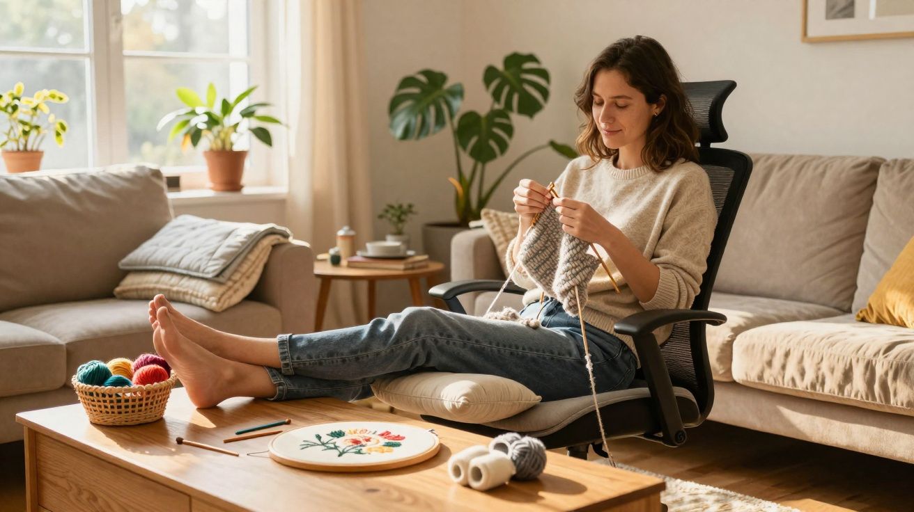 Mulher sentada a fazer tricô com pés na mesa numa sala de estar acolhedora com plantas e sofá.