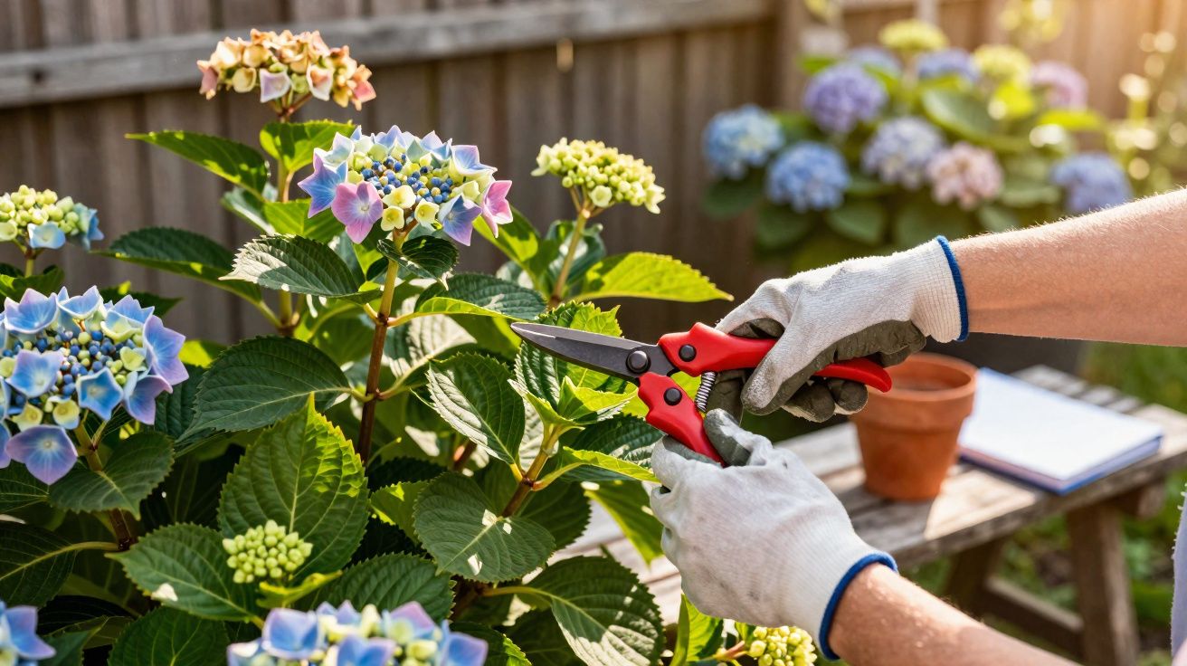 Pessoa com luvas a podar flores de hortênsia azul num jardim ensolarado.