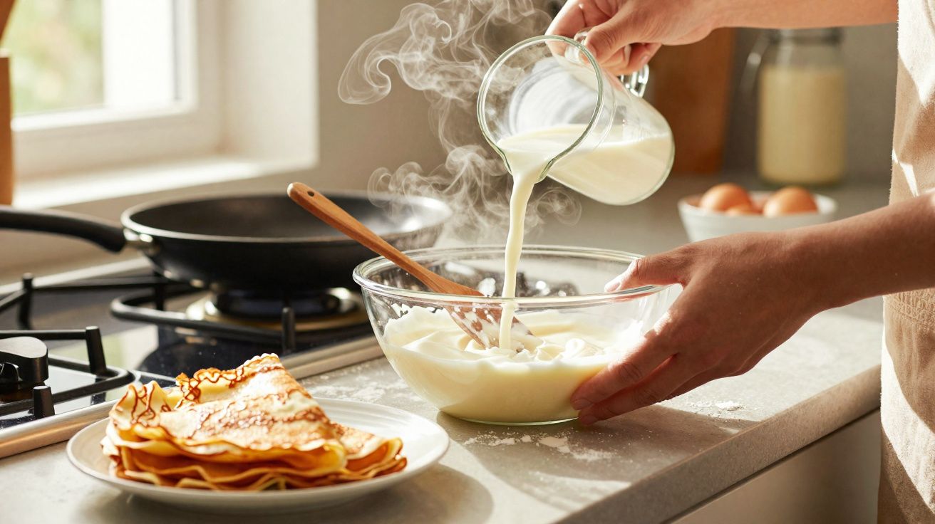 Mãos a preparar massa quente num recipiente de vidro na cozinha, com panquecas no prato ao lado.