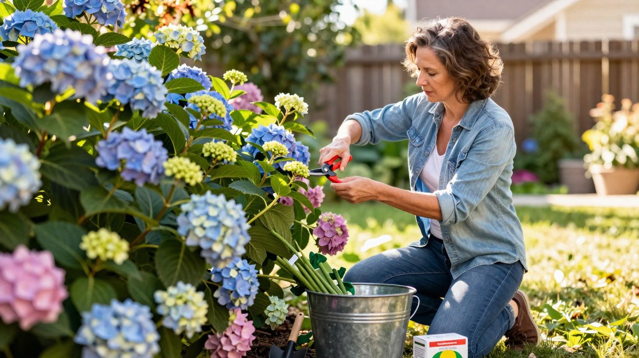 Mulher a cortar flores de hortênsia numa jarra metálica num jardim ensolarado.