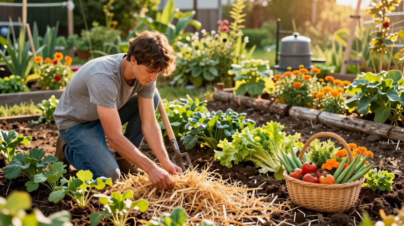 Homem a cuidar do jardim rodeado de plantas e cesta com legumes e flores num dia soalheiro.