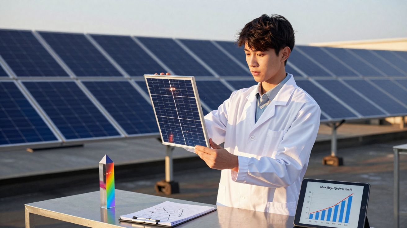 Homem a analisar painel solar junto a instalação de painéis solares e gráficos de desempenho num tablet.
