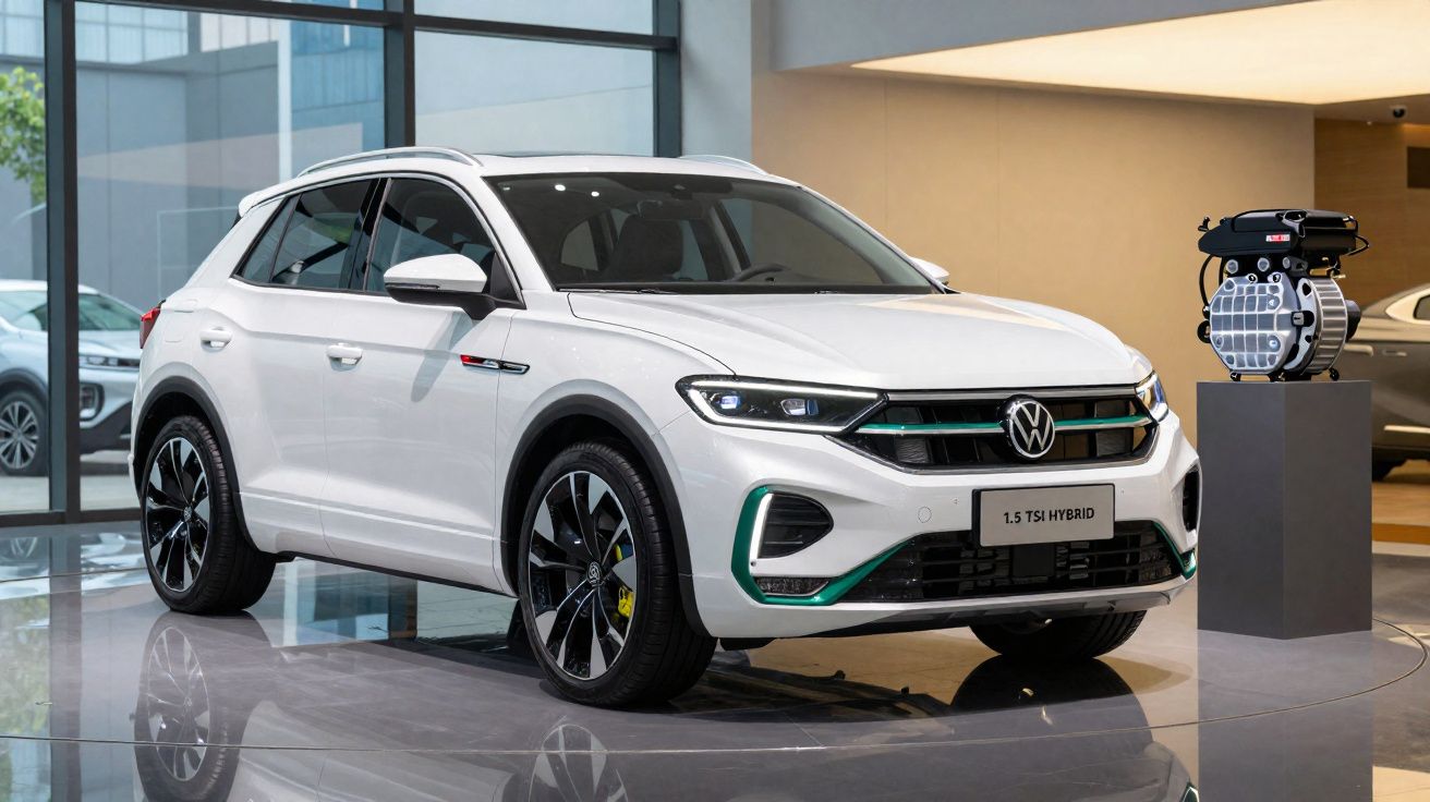 Carro SUV branco Volkswagen 1.5 TSI híbrido em exposição numa sala moderna com motor ao lado.