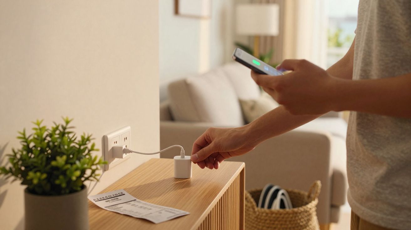 Pessoa a carregar o telemóvel com carregador ligado a tomada numa sala com sofá e planta.