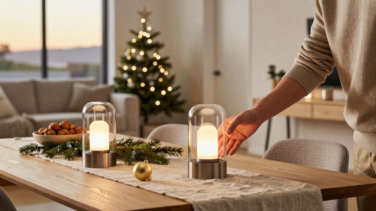 Pessoa a acender candeeiro decorativo numa mesa de madeira com ornamentos natalícios num ambiente acolhedor.