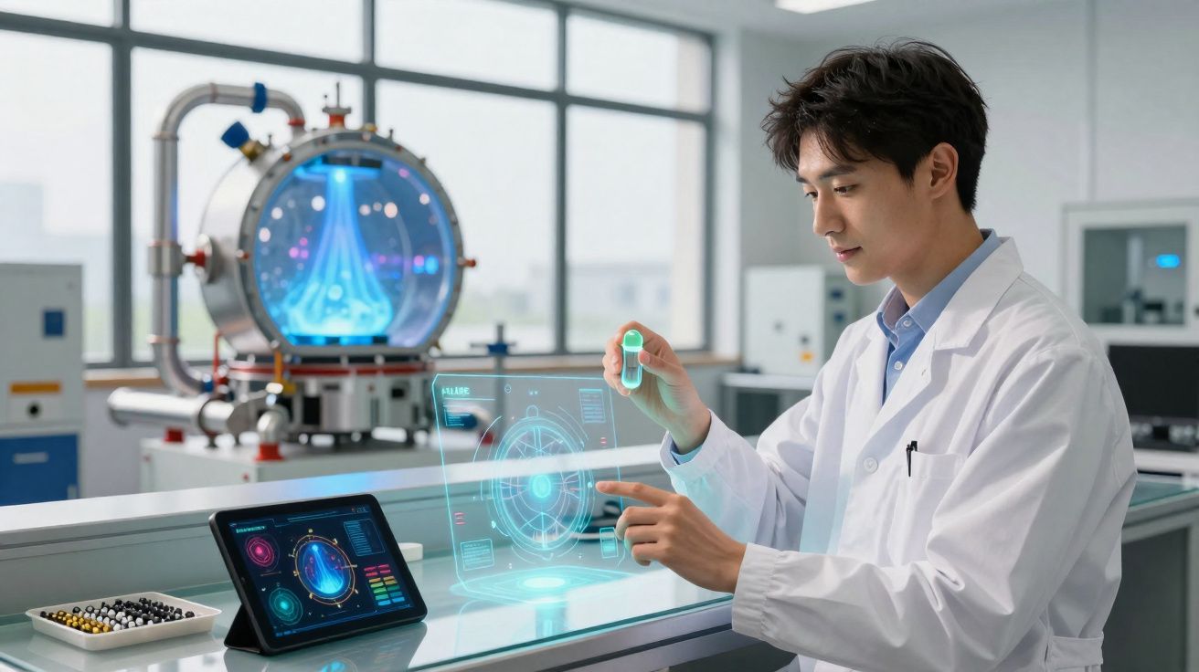 Cientista em laboratório com tecnologia holográfica a analisar amostra e dados digitais numa mesa branca.