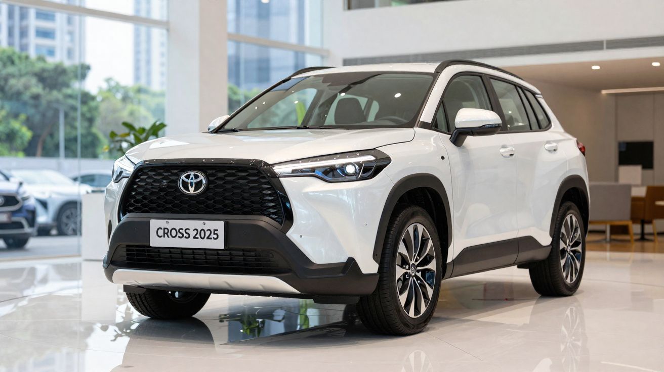 Carro Toyota Cross 2025 branco exposto em salão moderno com chão brilhante e paredes translúcidas.