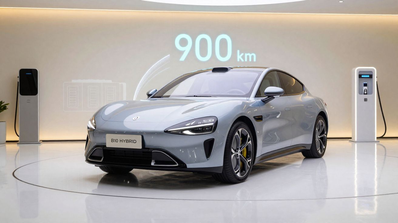 Carro elétrico cinza claro B10 Hybrid num estúdio com indicação de autonomia de 900 km ao fundo.