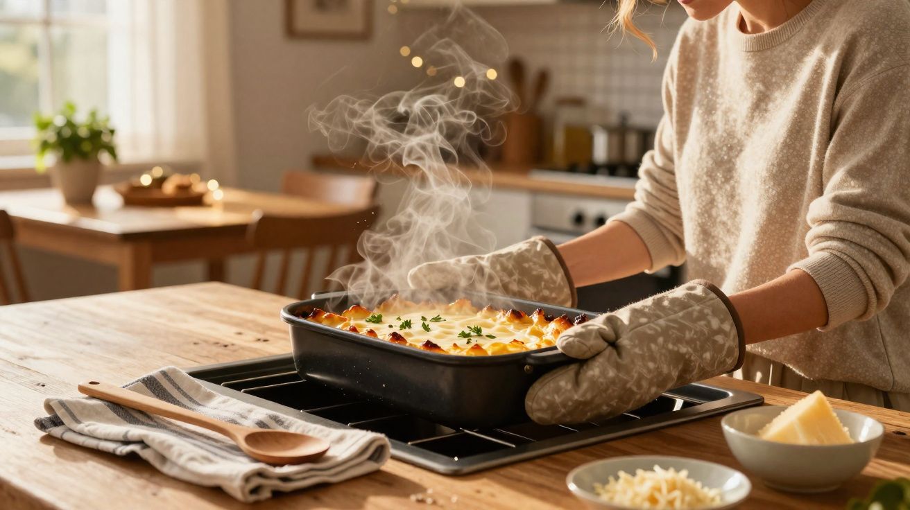 Pessoa a retirar do forno uma travessa de lasanha quente, com vapores a sair, numa cozinha acolhedora.
