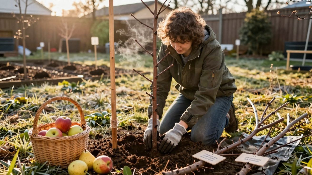 Pessoa a plantar uma árvore jovem num jardim, com uma cesta de maçãs ao lado, ao amanhecer.