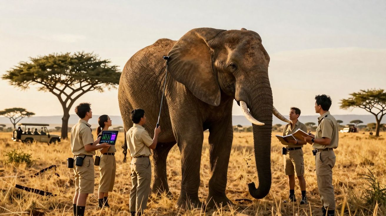 Cinco investigadores observam e medem um elefante jovem numa savana com árvores esparsas ao pôr do sol.