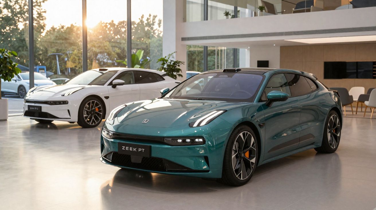 Dois carros elétricos modernos, um verde e outro branco, em exposição numa sala iluminada por luz natural.