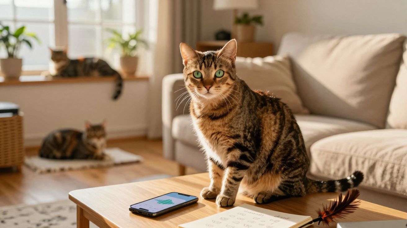 Gato castanho às riscas sentado numa mesa com smartphone e papel, com dois gatos ao fundo numa sala iluminada.