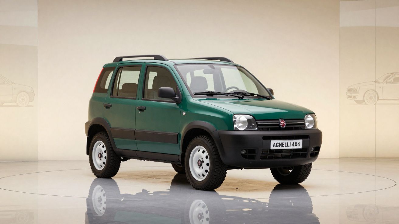 Carro SUV Fiat Agnelli 4x4 verde em estúdio com fundo neutro e piso espelhado.