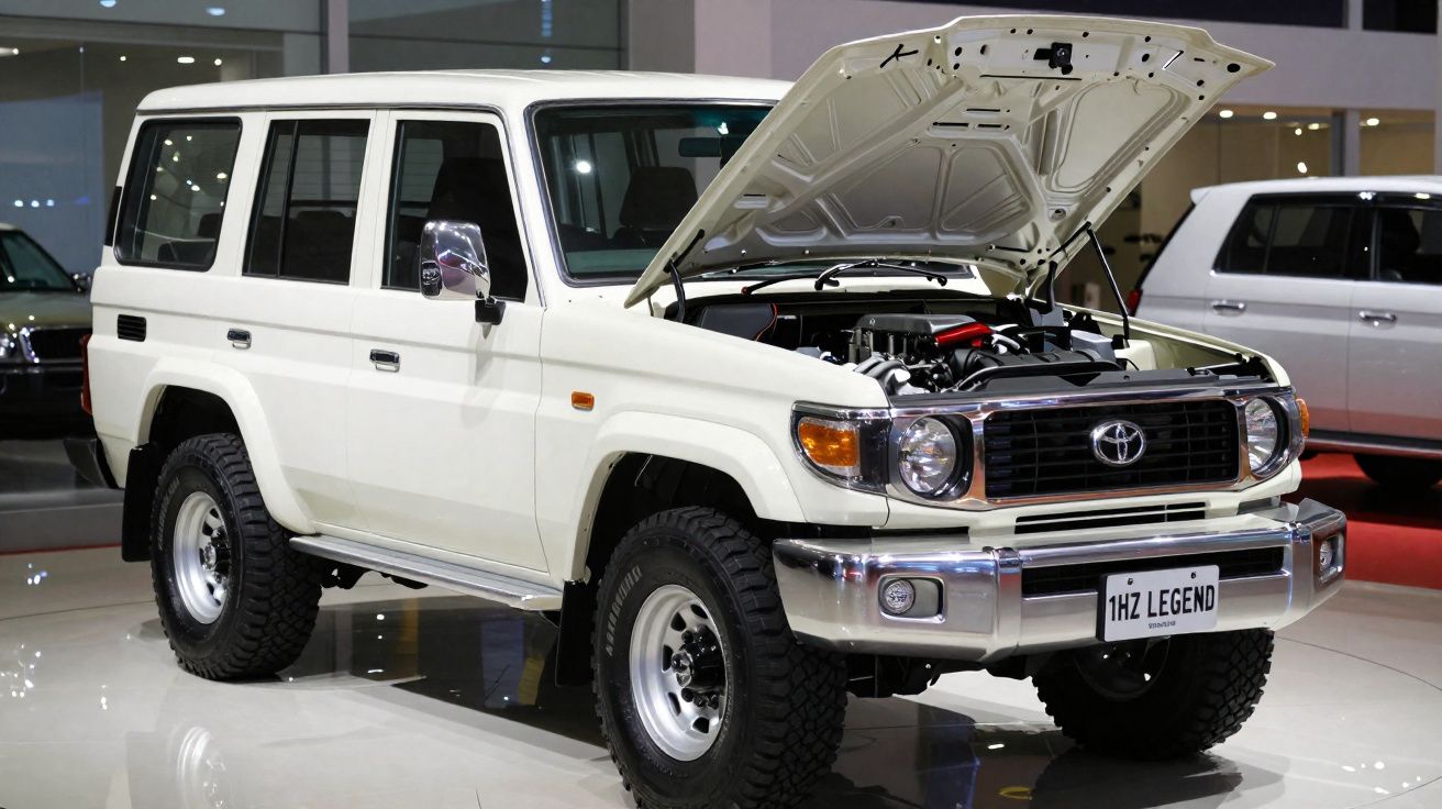 Carro branco Toyota 4x4 com capô aberto, pneus grandes e matrícula “1HZ LEGEND” em exposição.