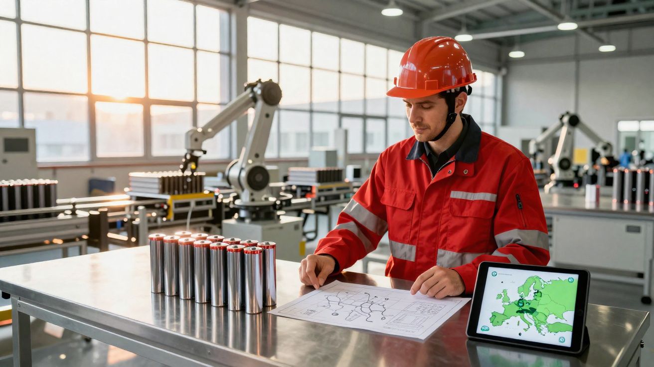 Homem com capacete e uniforme vermelho analisa esquema numa fábrica com baterias e robôs industriais.