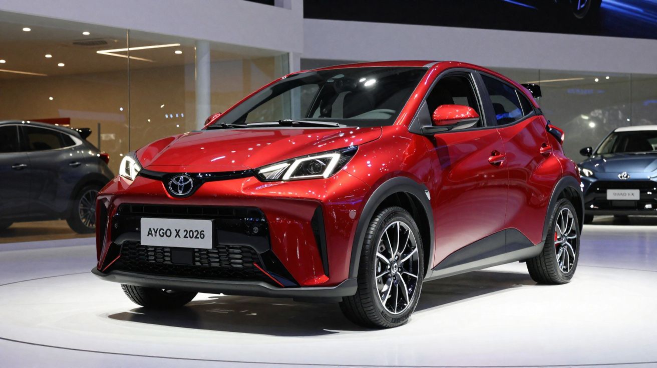 Carro Toyota Aygo X 2026 vermelho exposto numa sala de exposição moderna.