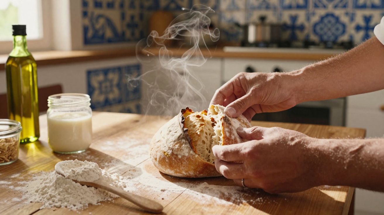 Mãos a partir pão quente com vapor numa cozinha, ao lado farinha, óleo e frascos sobre mesa de madeira.
