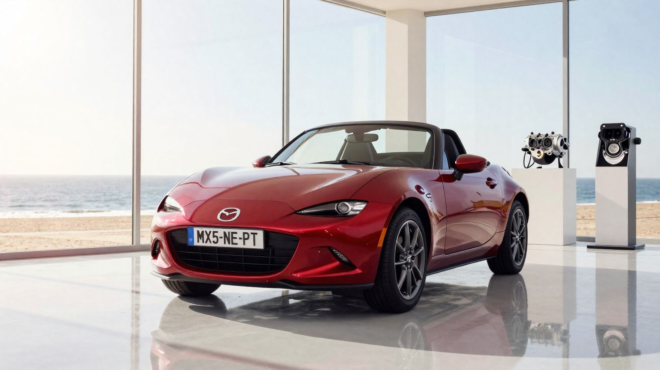 Carro desportivo descapotável vermelho Mazda MX-5 exposto em galeria moderna junto à praia.
