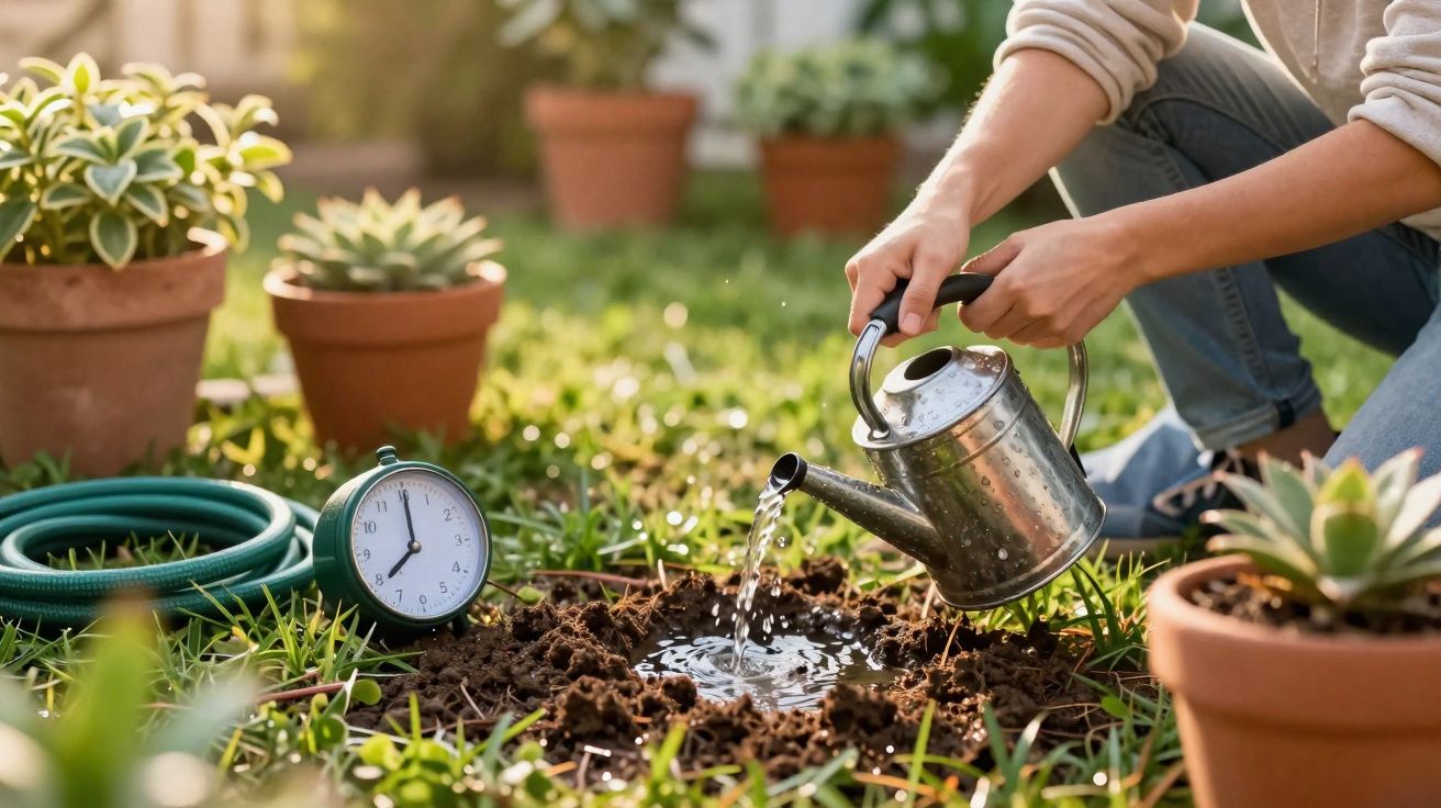 Pessoa a regar uma planta no jardim com regador metálico ao ar livre durante o dia.