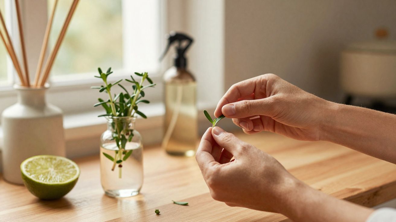 Mãos a segurar e cuidar de folhas verdes, próximo de um limão cortado e um frasco com plantas numa mesa de madeira.