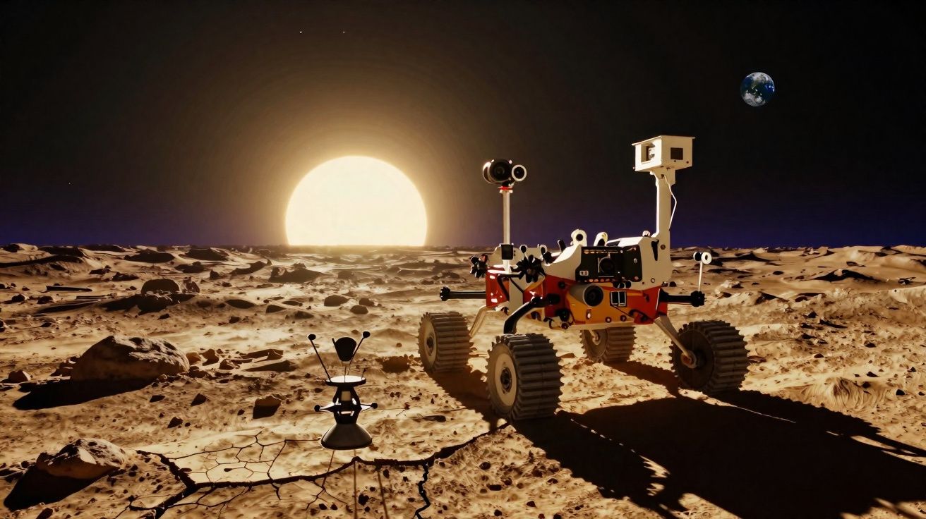 Rover espacial numa superfície lunar rochosa com o Sol ao fundo e a Terra visível no céu.
