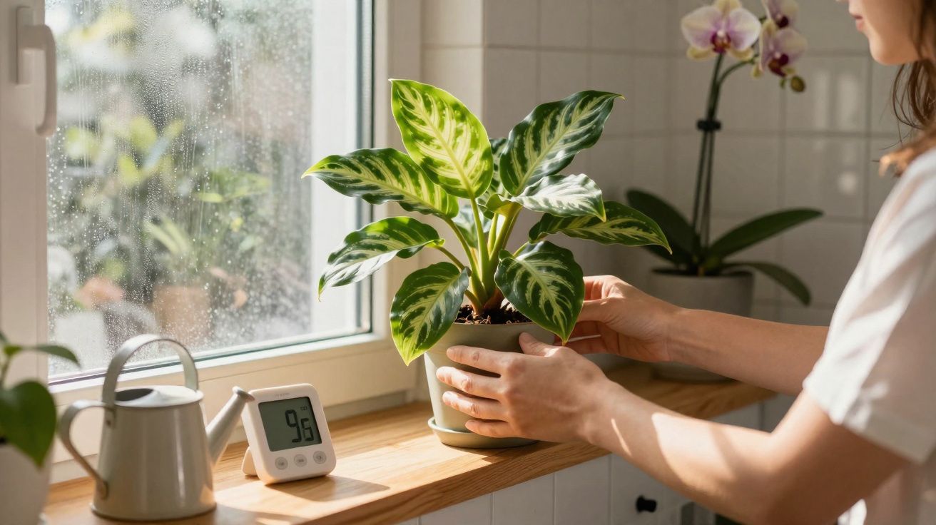 Pessoa cuida de planta perto da janela num espaço interior com várias plantas e regador.
