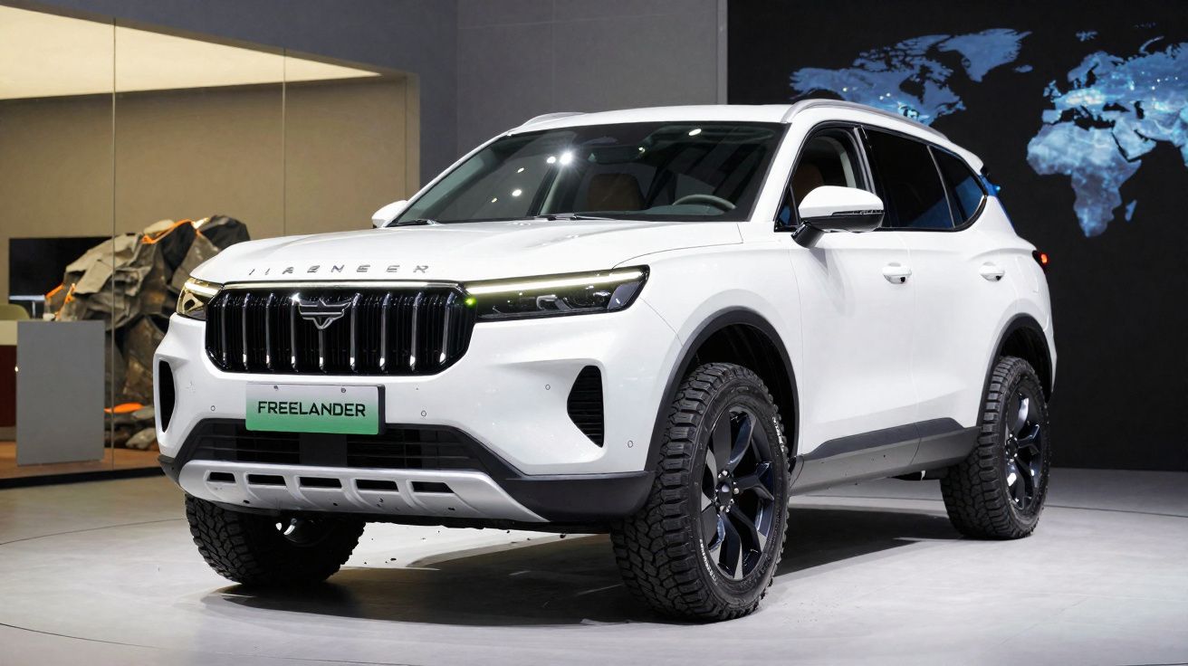 SUV branco estacionado em espaço interior com mapa-múndi iluminado ao fundo.